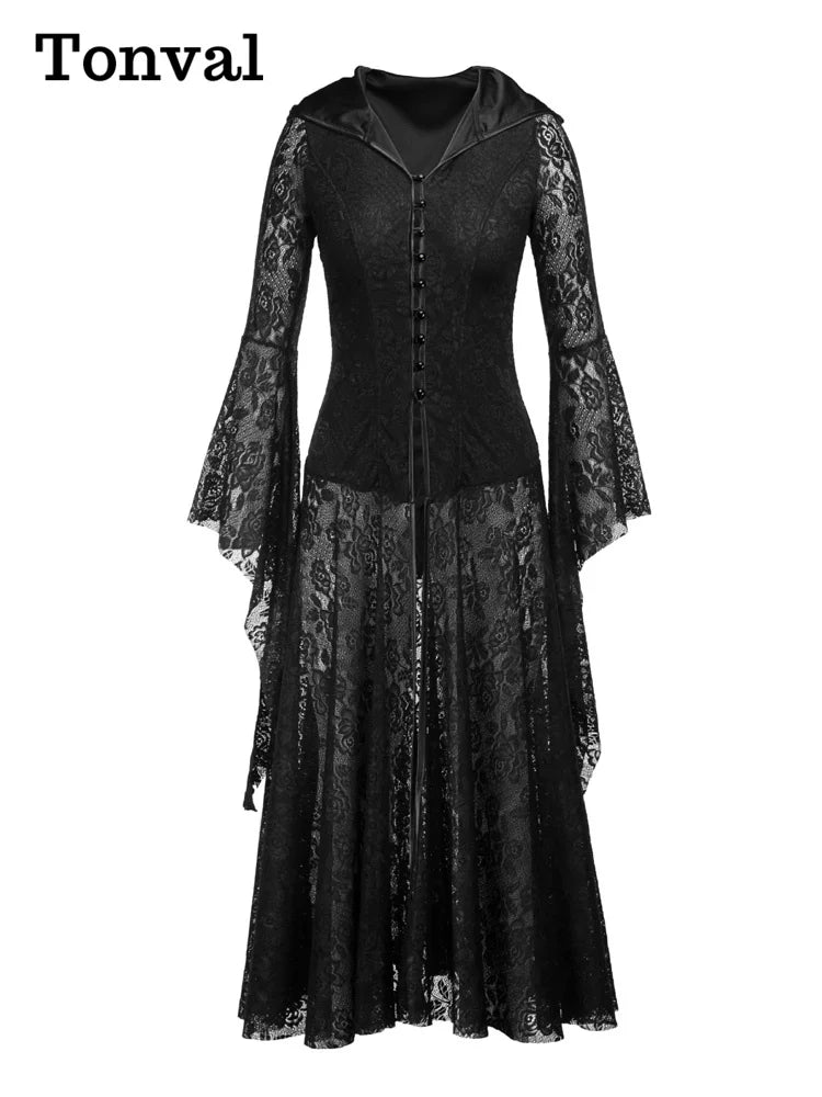 Tonval Hooded Black Lace Gothic Clothes Lolita Dresses for Women Flare Sleeve Lace-Up Back Medieval Vintage Maxi Dress