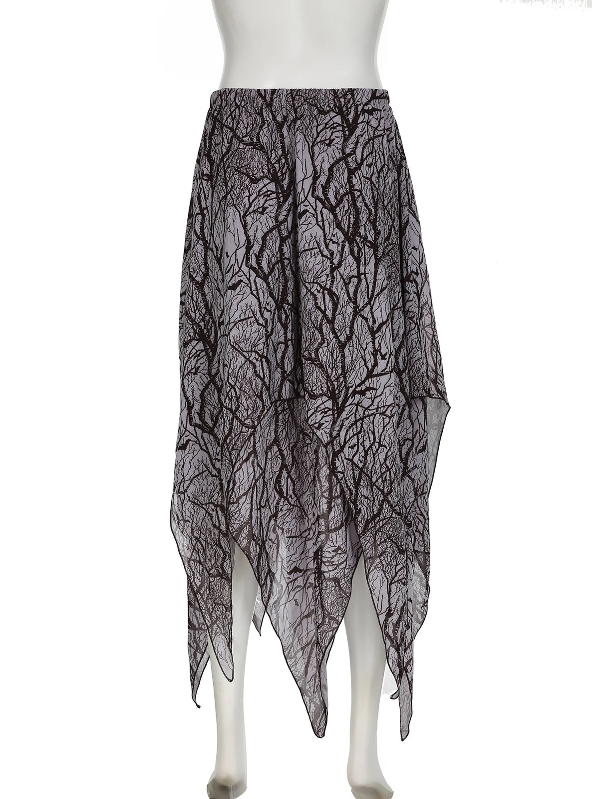 IAMSURE Dark Printed Asymmetrical A-Line Skirt – Holiday Mid-Waisted Maxi Skirt for Women, 2024 Summer Grunge Fairycore Streetwear