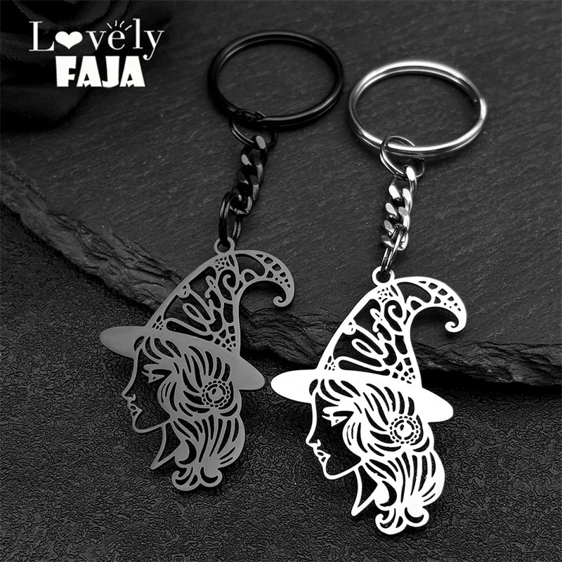 Witch Head Hollow Flower Big Key Chains For Women Men Stainless Steel Black Color Witchcraft Key Ring Halloween Gifts 3499