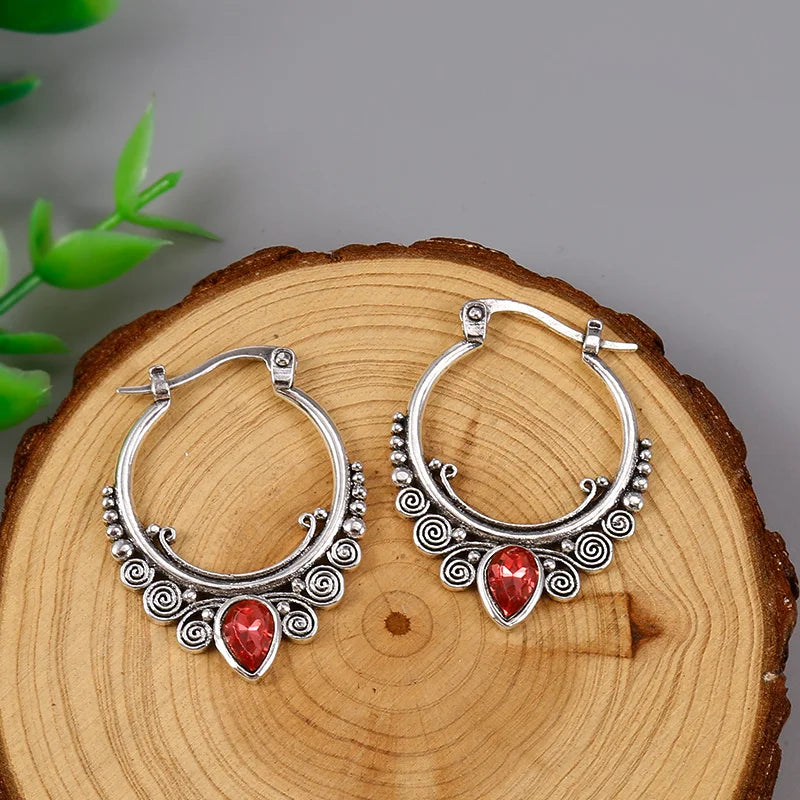 New Trendy 925 Silver Needle Earrings - Red Stone Stud Hoop Earrings for Women, Bohemian Style