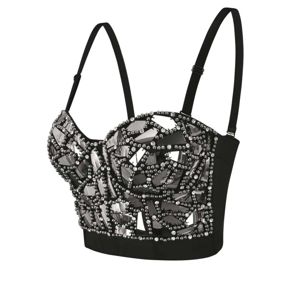 Gray Sexy Rock Punk Bra – Women’s Push-Up Bralette with Diamond & Pearl Decoration, Clubwear Lingerie Corset