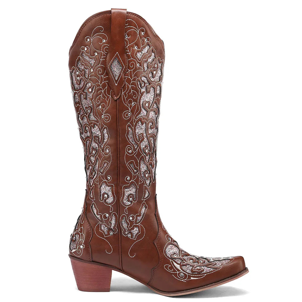 Bling Crystals Retro Western Cowboy Knee-high Boots for Women 2023, Embroidered Floral Cowgirl Shoes