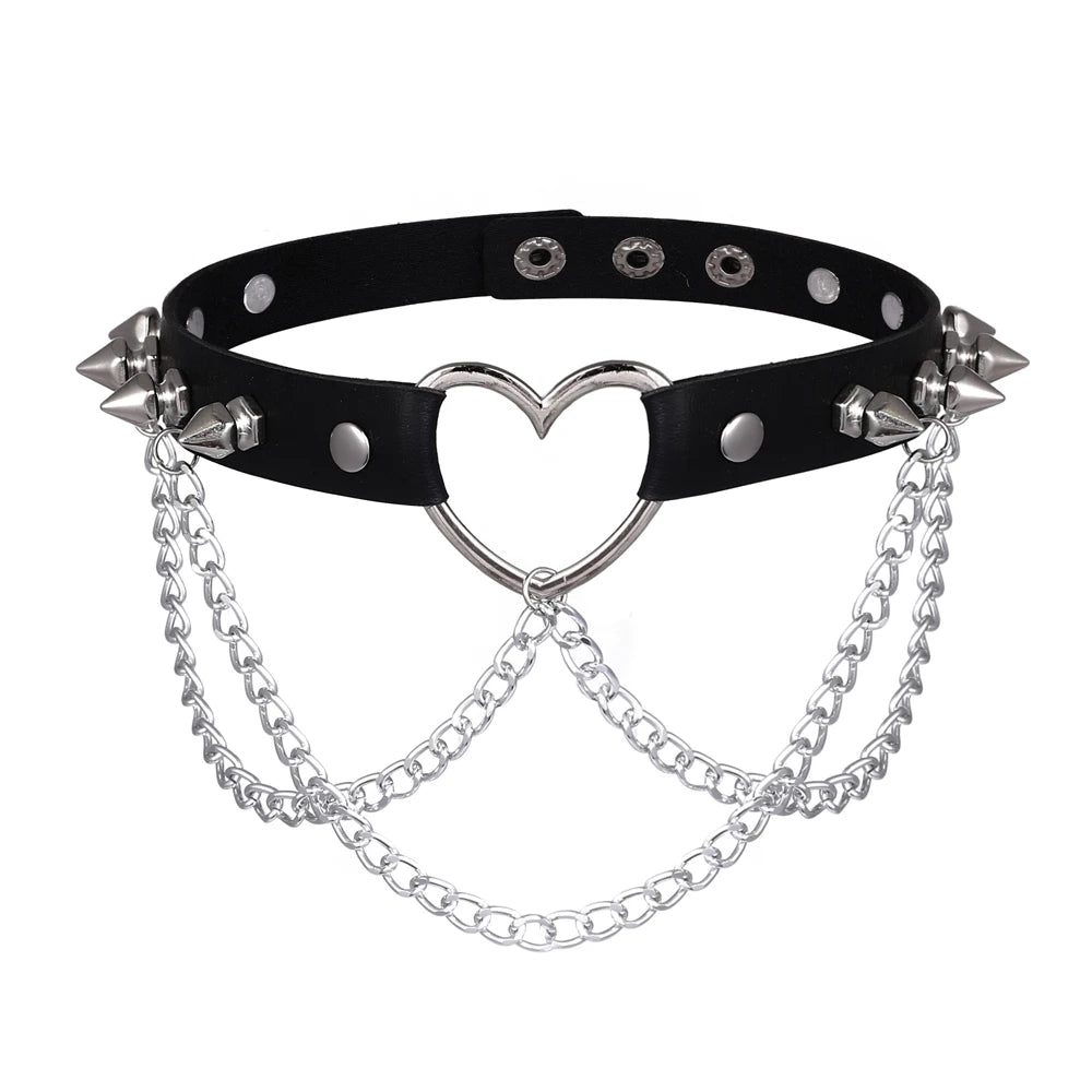 Punk Goth Spiked Heart Choker With Chain Leather Collar Gothic Costume Jewelry Accessories