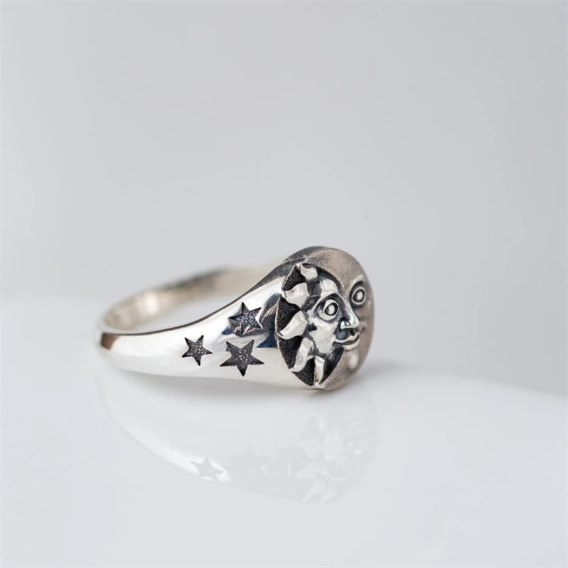 Engraved Star Pattern Smile Sun Moon Ring | Unique Trendy Metal Jewelry Gift for Men and Women