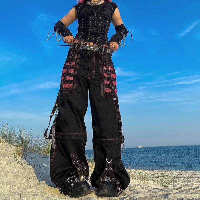 Yangelo Y2k Punk Wide Leg Grunge Black Pants Mall Gothic Harajuku Baggy High Waist Trousers Strap Patchwork Techwear Clothes