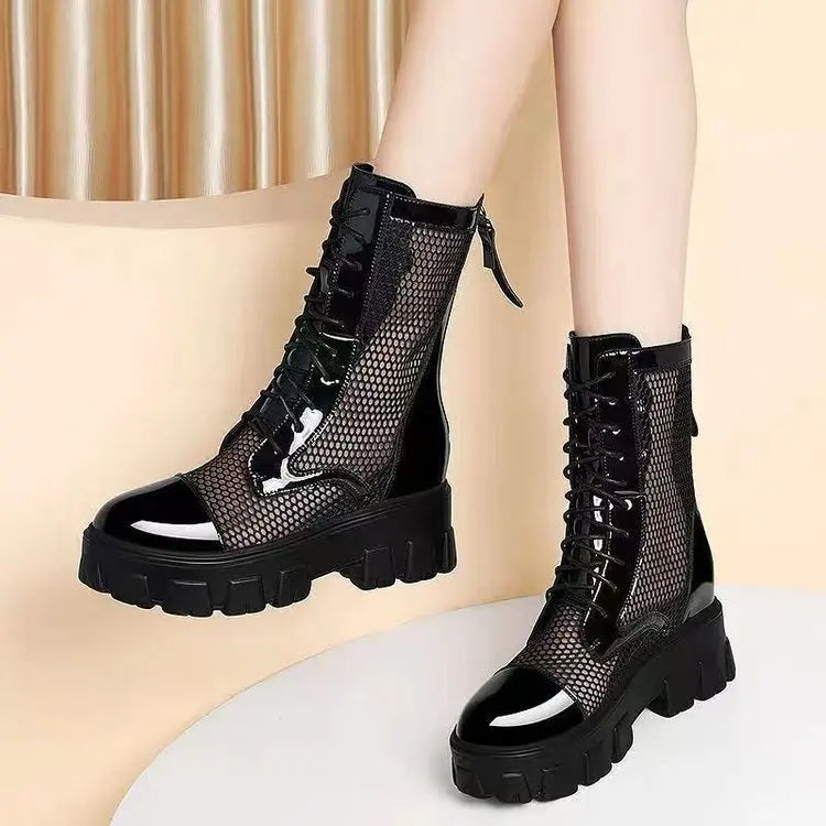 Summer Ankle Boots 2024 - Chunky Hollow Out Women’s Shoes, Brand Female Black Round Toe Lace-up Fashion Platform for Comfort