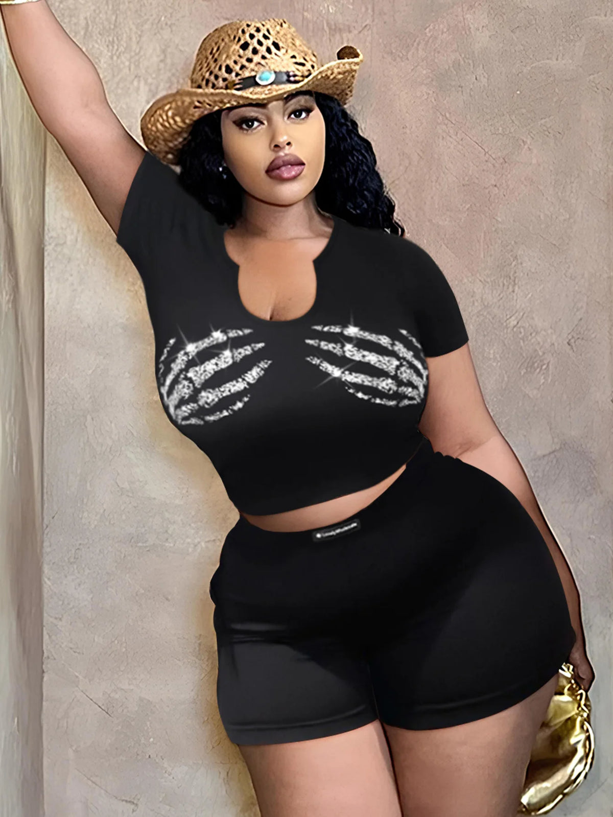 LW BASICS Plus Size Shorts Set – Casual Two-Piece Set with Short Sleeve Skeleton Print Crop Top + Skinny Shorts for Women