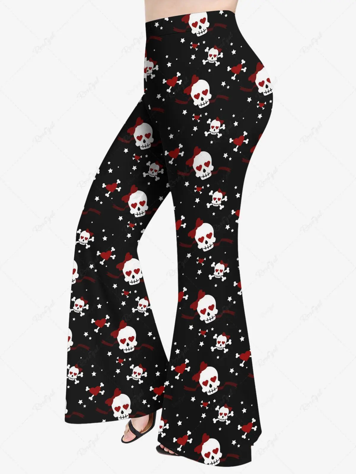 Valentine's Day New Skull Skeleton Heart Ribbon Stars Print Flare Sleeve Top Or Flare Pants Daily Casual Festival Matching Set