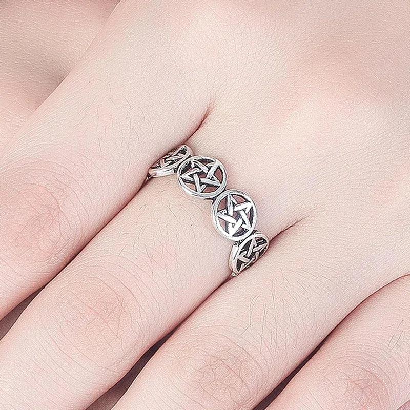 Vintage Silver Star Pentagram Chunky Adjustable Finger Ring | Punk Tibetan Jewelry Gift for Women and Men