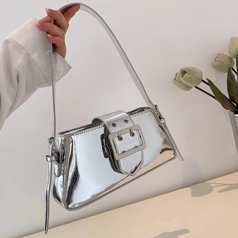 Silver Shoulder Bags for Women 2023 Spring Y2K Small Purse Glossy PU Leather Luxury Brand Female Underarm Handbags Pink