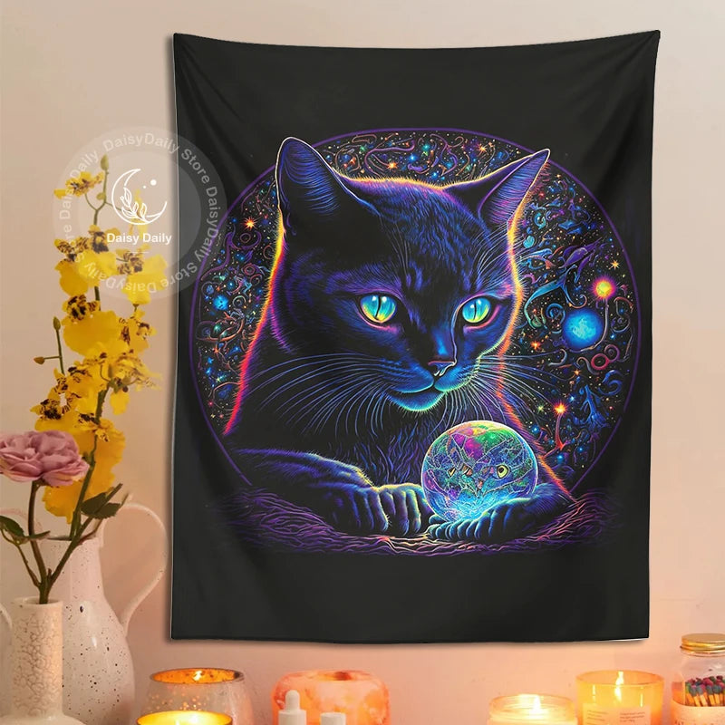 Blacklight Cat Tapestry | Trippy Magic Black Cat Crystal Ball Boho Art Decor | Living Room Wall Art