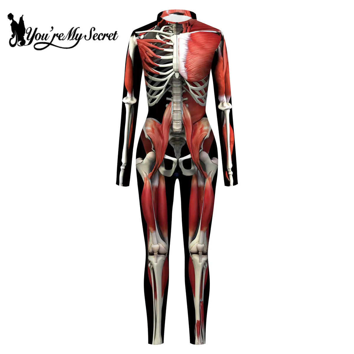 [You're My Secret] Halloween Colorful 3D Skeleton Women Bodysuits Zentai Jumpsuit Front Zipper Cosplay Costume for Female Outfit