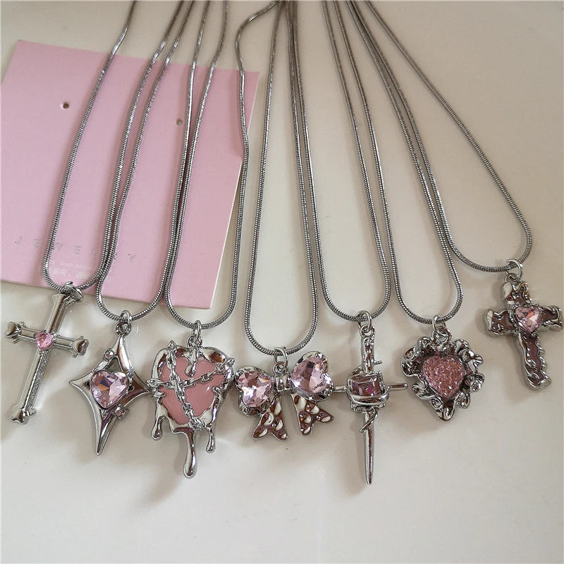 Kpop Vintage Pink Heart Bowknot Pendant Stainless Steel Snake Chain Necklace Girl Goth Y2k Aesthetic Rave Jewelry Accessories