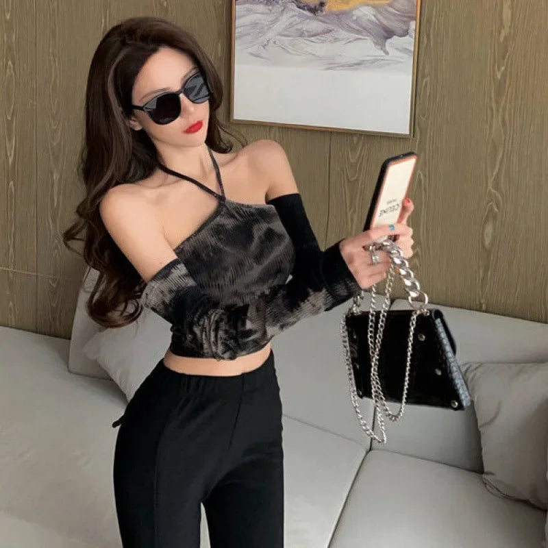 Tie-dye Long-sleeved T-shirt Women Slimming One-word Neck Off Shoulder Halter Short Top Summer Y2K Goth Backless Sexy Crop Tops