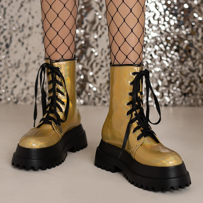 Double Layer Platform Shiny Patent Leather Flat Bottom Boots