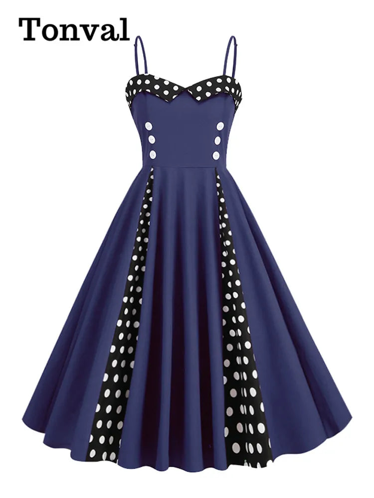 Tonval Sweetheart Neck Spaghetti Strap Double Breasted Long Dress - 50s Pinup Vintage Polka Dot, Perfect for Ladies' Sexy Party Looks