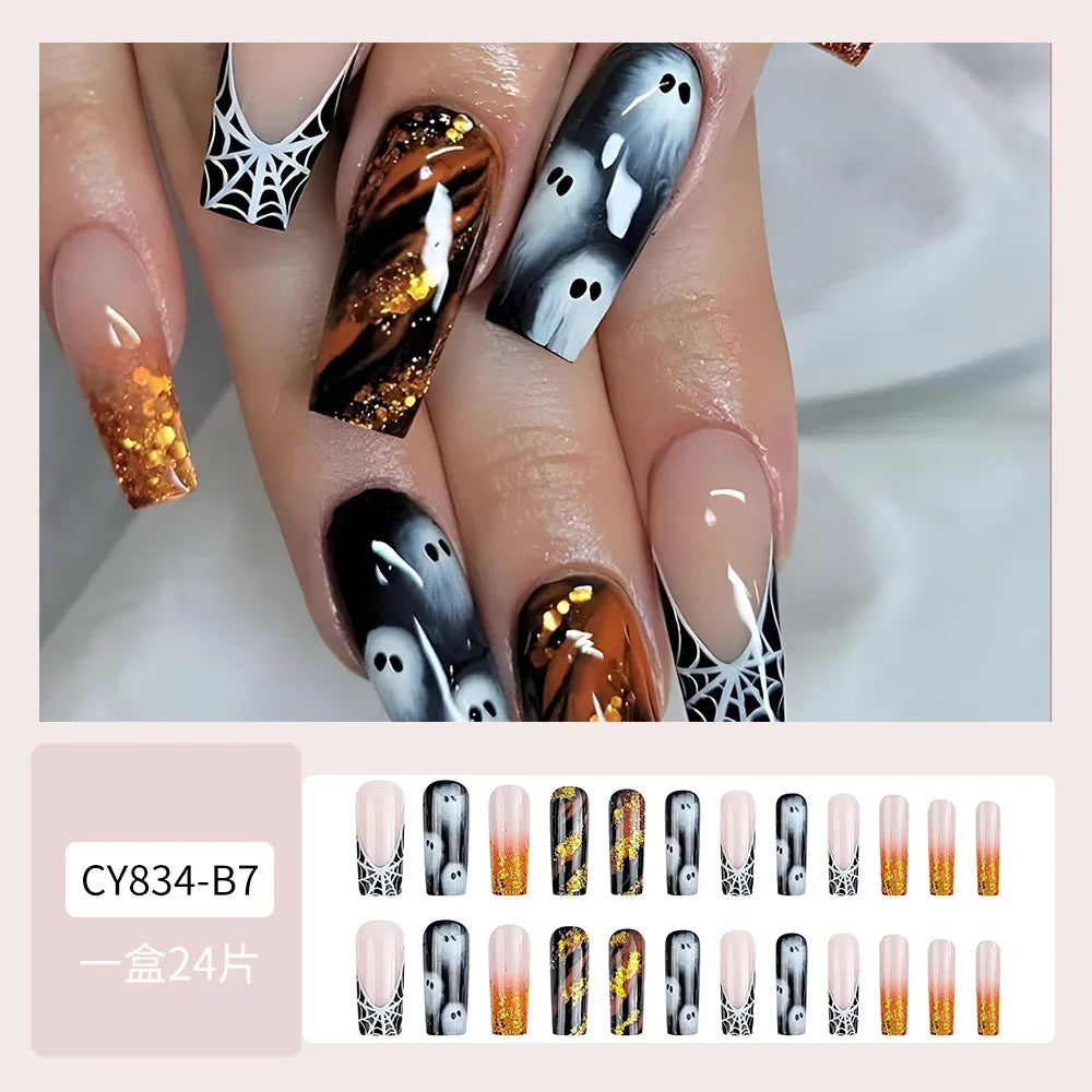 2024 Halloween False Nails Ghost Spider Web Printed Fake Nail Tips Wearable Detachable Long Ballet Coffin French Press on Nails