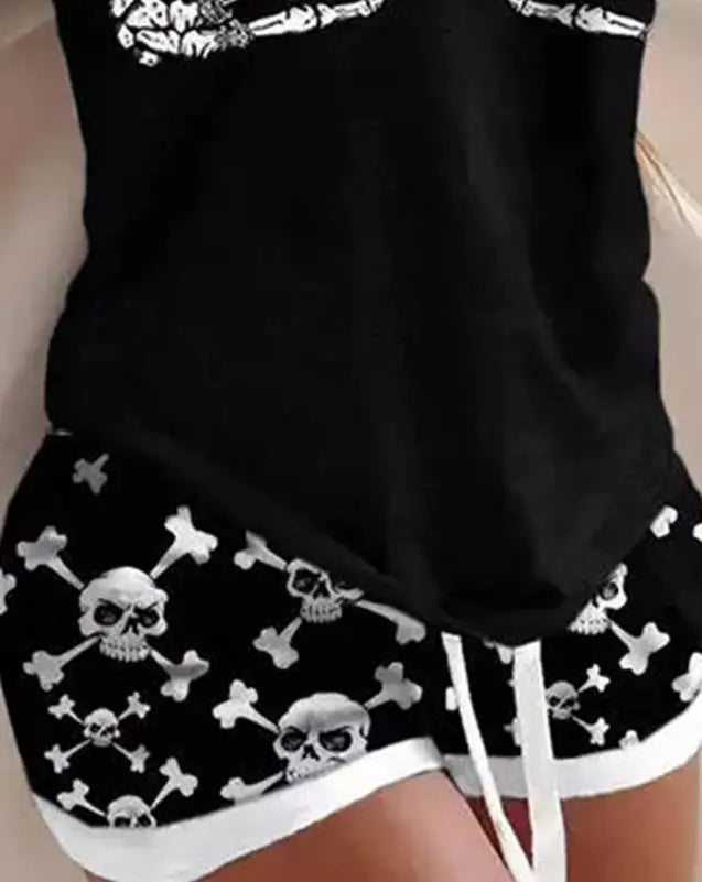 Women’s Halloween Skull Print Pajamas - 2-Piece Sleeveless U-Neck Top & Drawstring Shorts