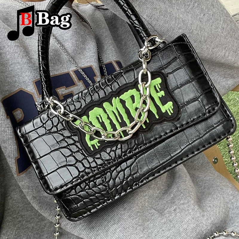 Y2K Punk Zombie Embroidered Bag | Women’s Gothic Crocodile Print PU Leather Shoulder Bag | Trendy Handbag Female Messenger Bag