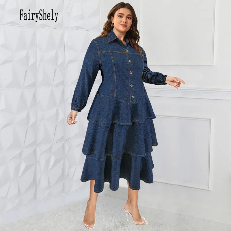 2024 Winter Plus Size Denim Midi Dress for Women – Long Sleeve, Button-Up, Tiered Ruffle Design with Turn-Down Collar