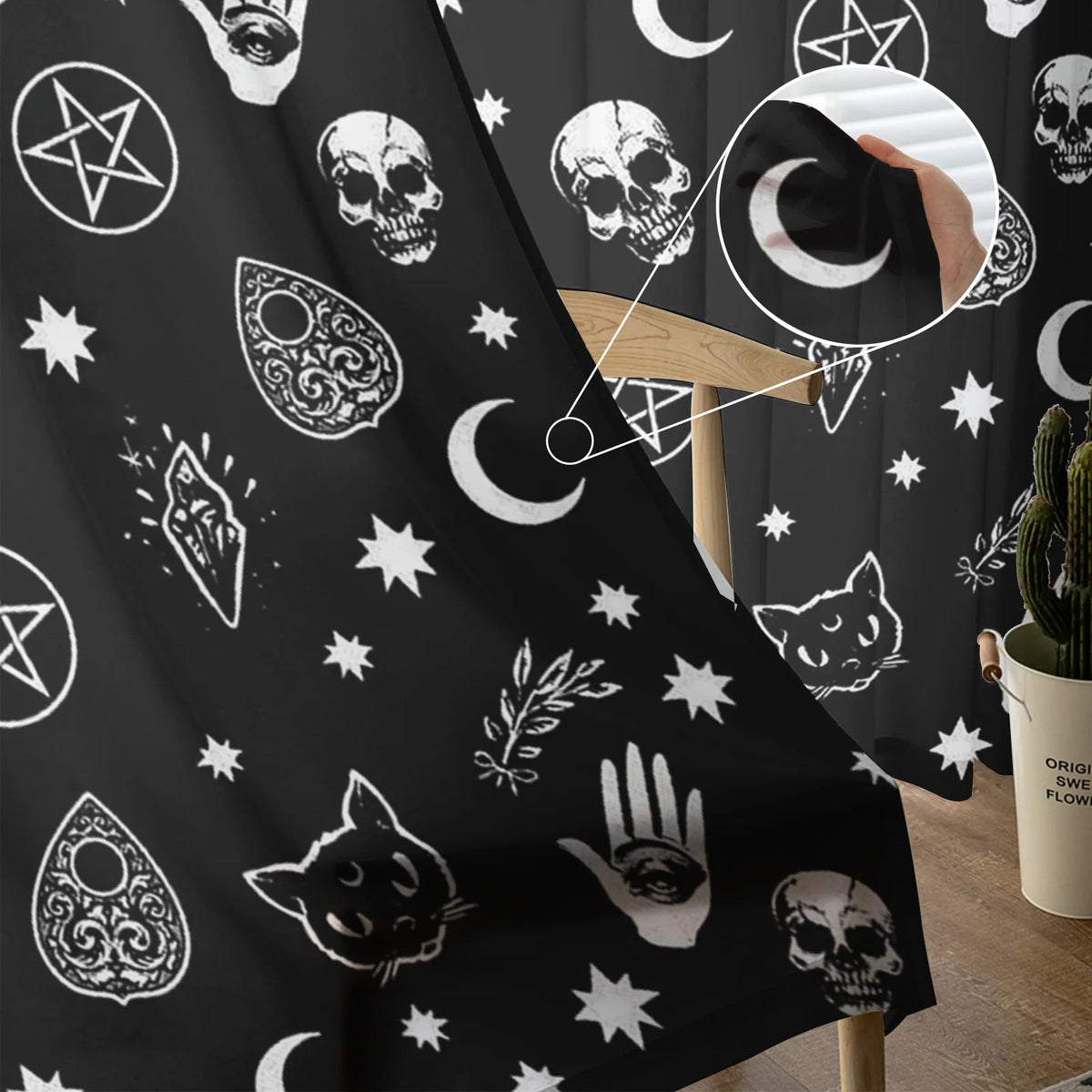 Black Witch Skull Moon Divination Sheer Curtains for Living Room, Bedroom, or Kitchen - Chiffon Window Treatment Drapes.