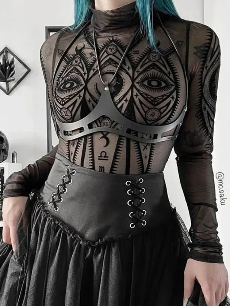 InsGoth Gothic Perspective Moon Cross Jumpsuit | Women’s Long Sleeve Sheer Mesh Skinny Bodysuit | Sexy See-Through Y2K Clothes