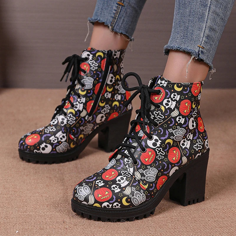 Halloween Pumpkins Print Platform Ankle Boots for Women – 2024 Autumn Side Zip High Heels, PU Leather Thick Heeled Booties