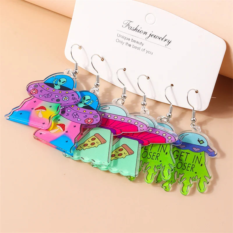 Aihua Cute Cartoon Creative Acrylic ET Alien Earrings Kawaii  Funny UFO Spaceship Earrings for Women Girls Kids Birthday Gifts