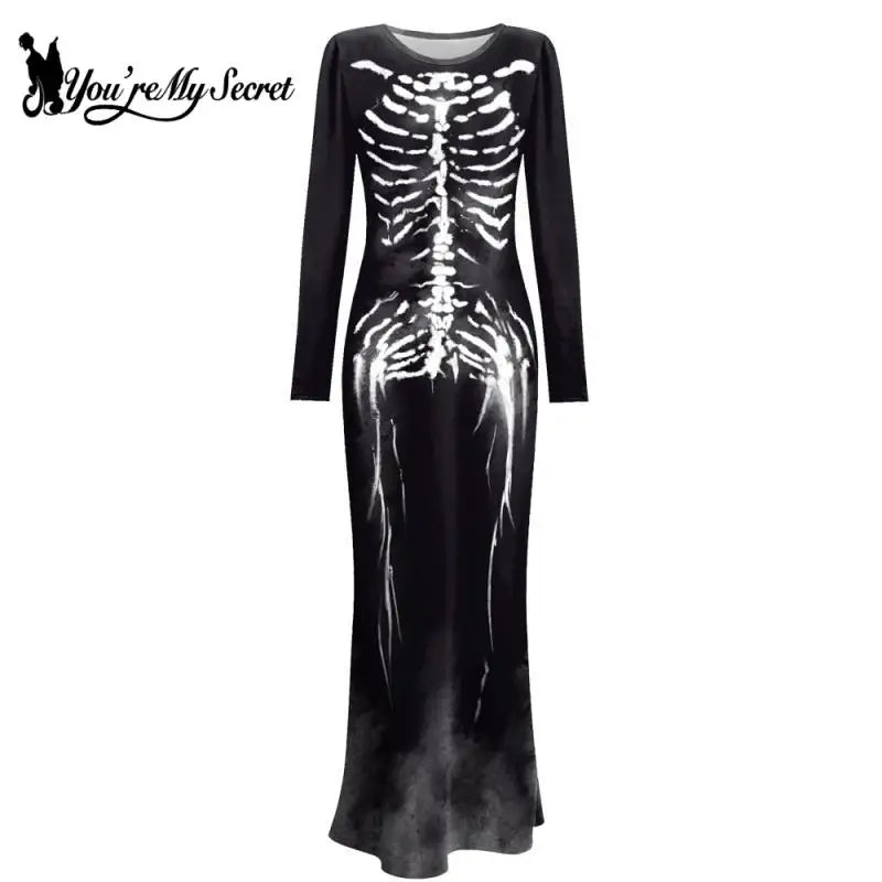 [You're My Secret] Goth Punk Women Dress Halloween Witch Cosplay Costume Adult Long Sleeved Dress Girl Scar Print Fancy Clothing