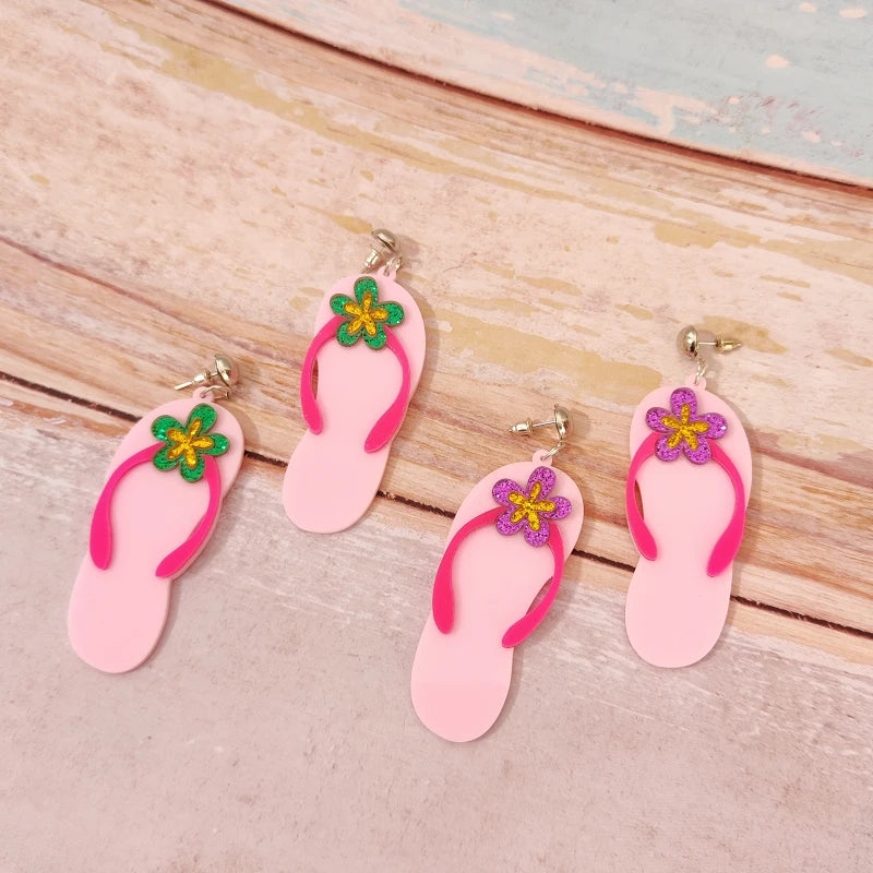 KUGUYS Pink Flip Flop Sandals Flower Dangle Earrings | Summer Beach Acrylic Jewelry Accessories for Women