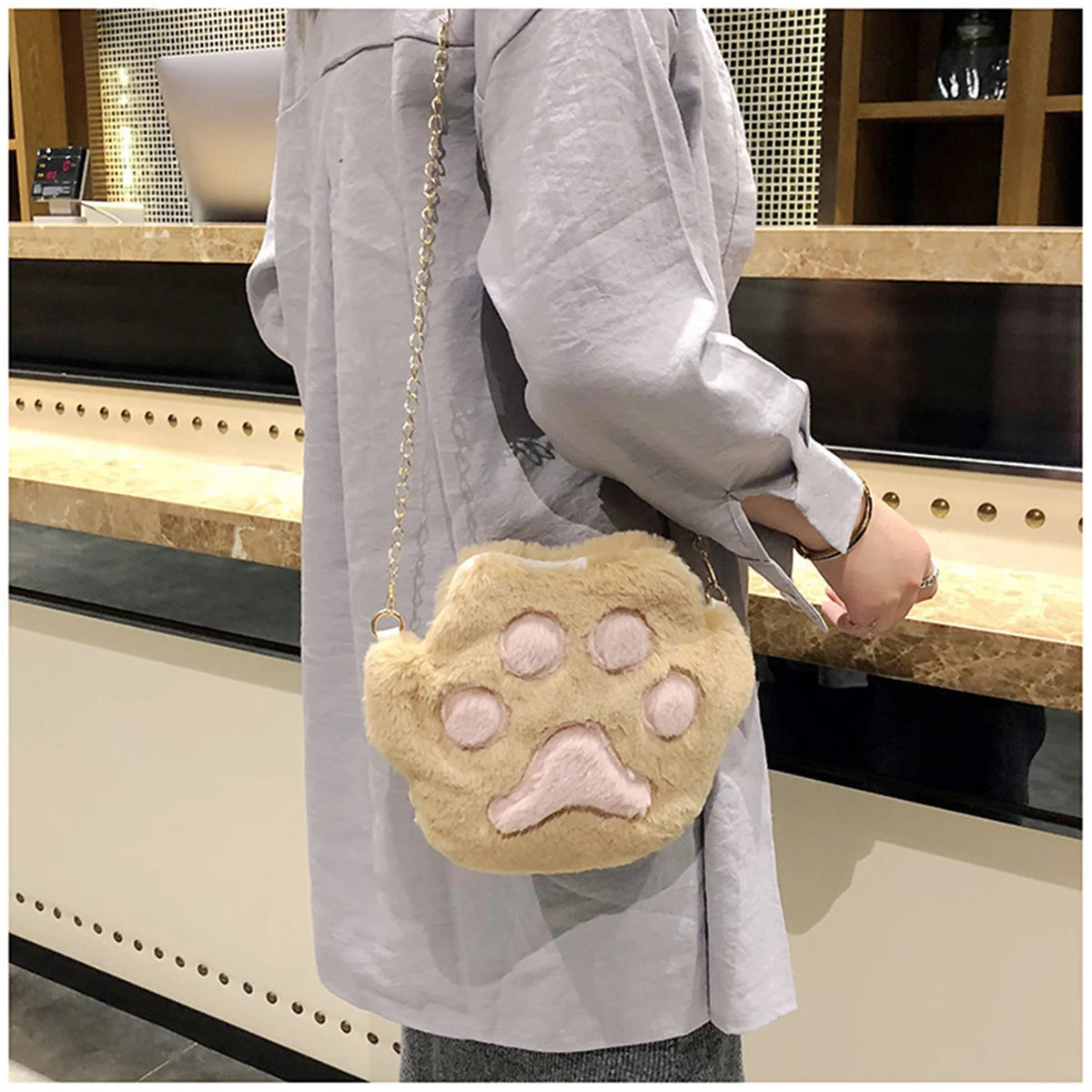 Cute Novelty Bear Paw Soft Plush Small Zipper Closure Crossbody Bag