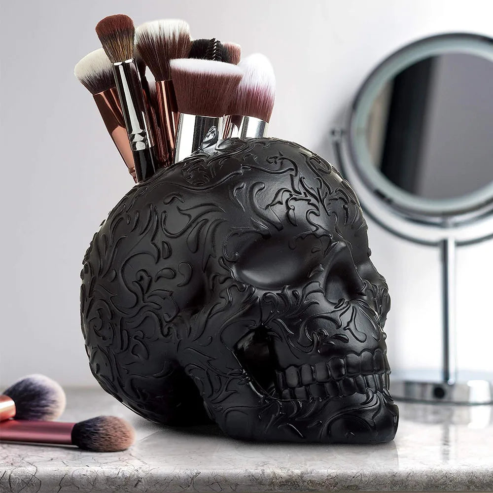 Skull Makeup Brush Holder | Black Resin Home Decor| Housewarming Gifts