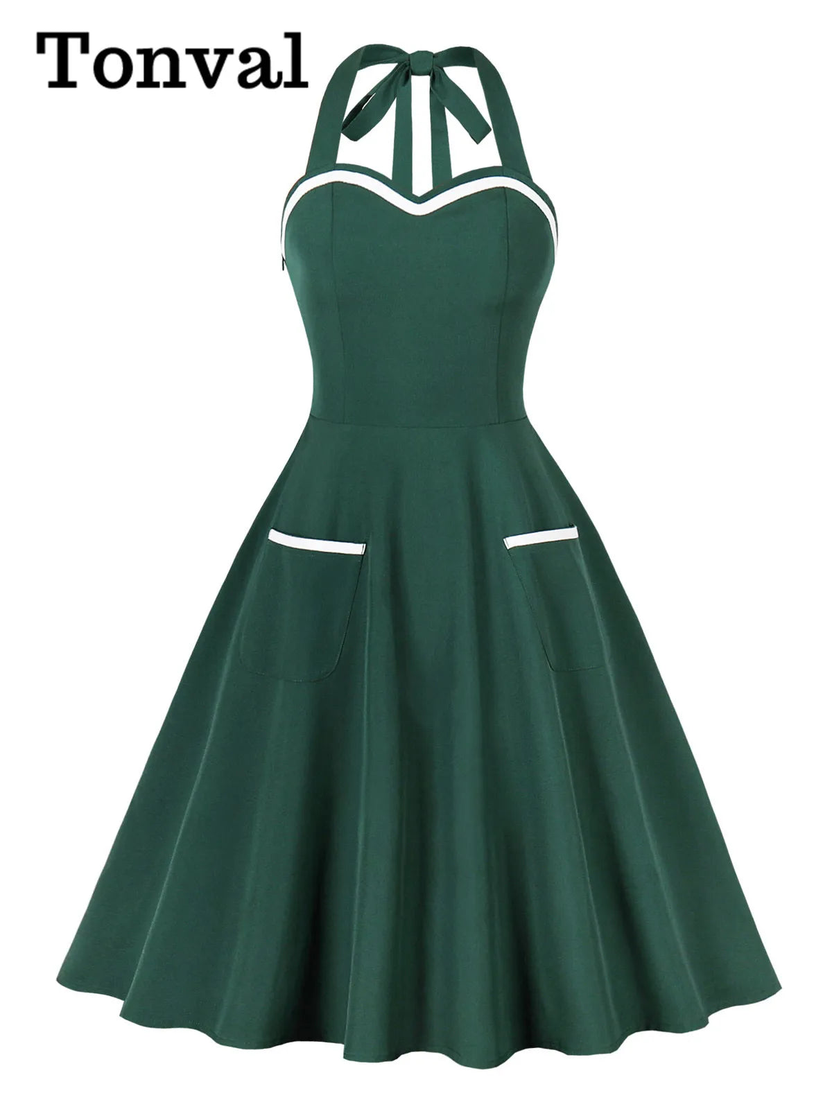 Tonval Halter Neck 50s Retro Pinup Clothing Green Dresses for Women Backless Cocktail Party Pockets Front Vintage Flare Dress