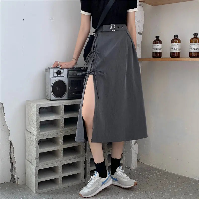 Vintage Dark Gothic High Split Mid-Calf Skirt: Elegant Fashion for Women's Party Club, High Waist Femme Bottom Streetwear Goth Style