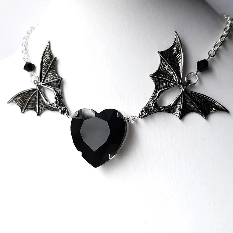 Silver plated Bat Necklace with Red Heart //Gothic Necklace //Bat Necklace //Halloween Jewelry //Vampire Jewelry //Bat Jewelry