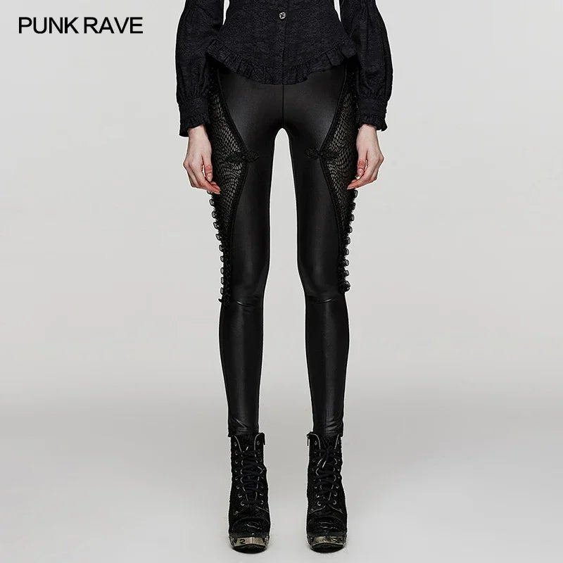 PUNK RAVE Women's Gothic Knit and Mesh Leggings - Punk Lace Streetwear with Symmetrical Segmentation