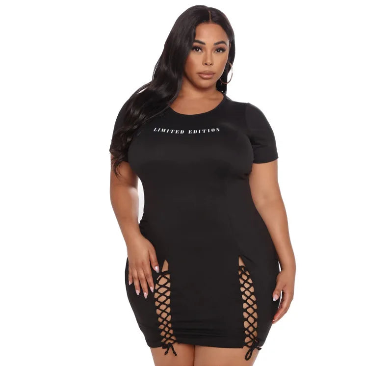 Wmstar Plus Size Black Hollow Out Mini Dress – Sexy Super Stretch Bandage Hem Summer Dress for Women