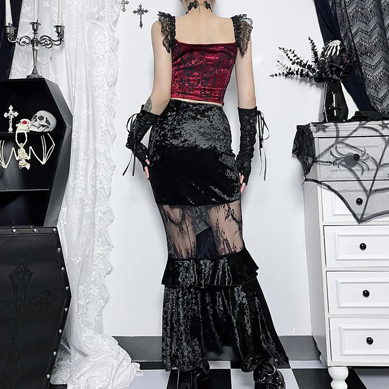 Goth Dark Velvet Ruched Mermaid Skirt – Vintage Gothic Mesh Splice High-Waist Grunge Partywear for Women