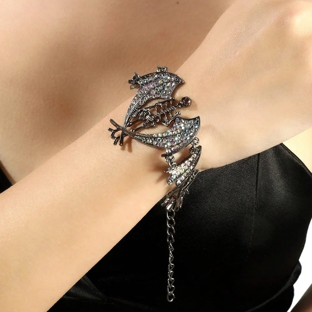 Gothic Punk Rhinestone Skull Bat Devil Necklace - Exaggerated Shiny Halloween Jewelry for Women