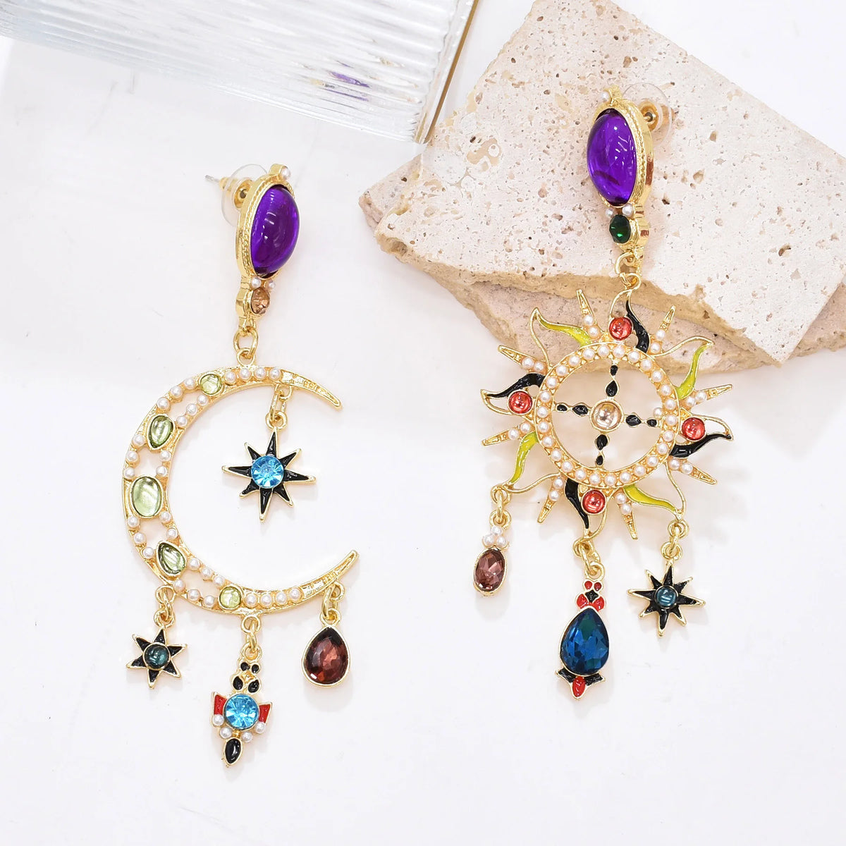 Luxury Colorful Crystal Sun Moon Asymmetric Tassel Fashion Earrings