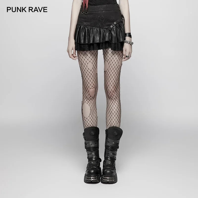 PUNK RAVE Steampunk Ruffled Miniskirt - New Fashion A-Line PU Leather with Lace, Sexy Bubble Goth Skirt for Women