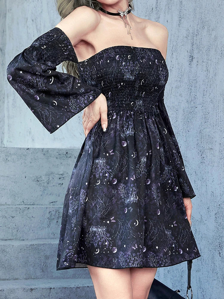 Goth Dark Aesthetic Moon Print Shirring Mini Dress – Grunge Punk, Backless Sexy Women’s Dress, Witchy Off-Shoulder Vintage Alt Clothing