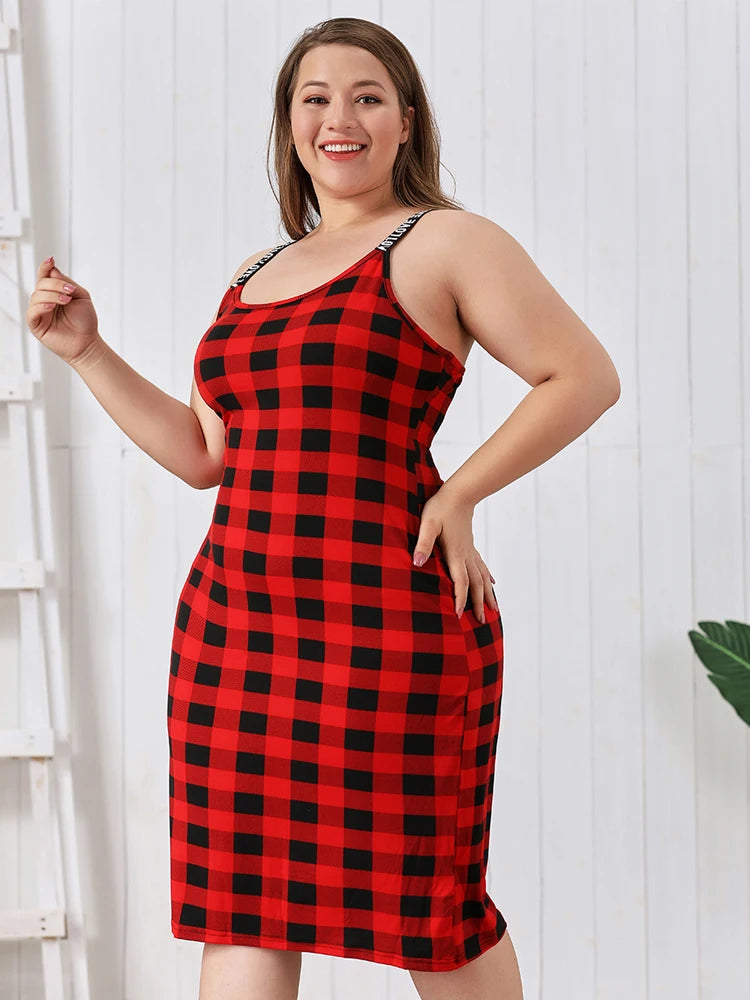 Plus Size Women’s Sexy Red Plaid Sleepwear - Sling Nightgown, Homewear Pajamas Dress