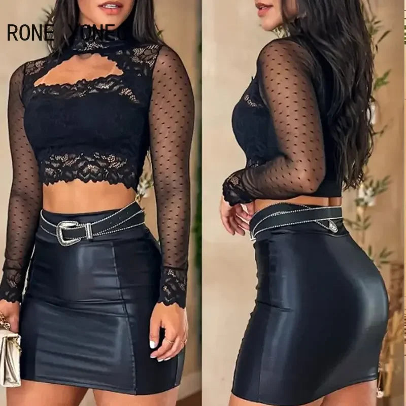 Women Chic Long Sleeve Lace Top & PU Leather Skirt Set - Bodycon Mini Skirt with Belt and Button Detail