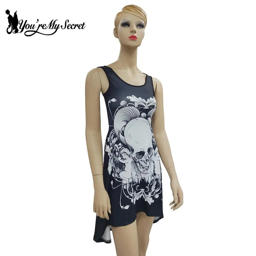 [You're My Secret] Gothic Black Skull Print Hallowmas Party Dress – Sexy Sleeveless Graphic Print Dress for Women