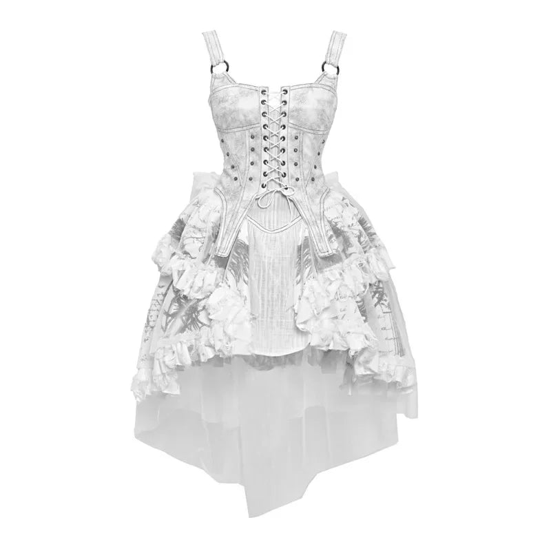 Blood Supply Original Madhouse Vintage Dress – Suede Strap, Punk Niche Trailing Print, Gothic Light Lolita White Dress