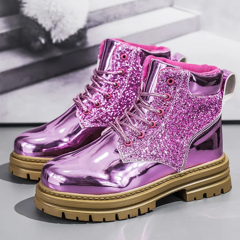 Luxury Pink Winter Boots for Women | Designer Ankle Boots with Trendy Platform | Glitter Patent Leather Shoes