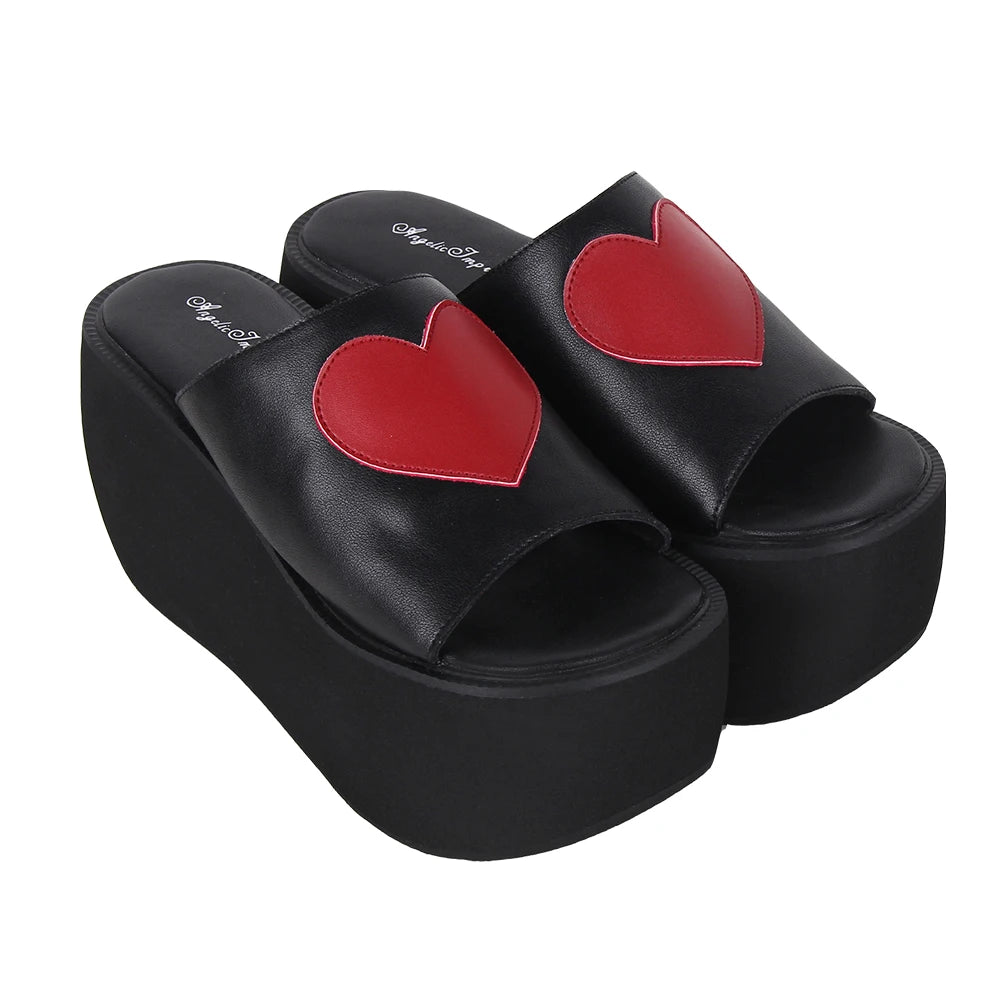 Women’s and Girls’ Lolita Punk Rock Slip-On Open Toe Shoes - Heart Accent Chunky Platform Slides