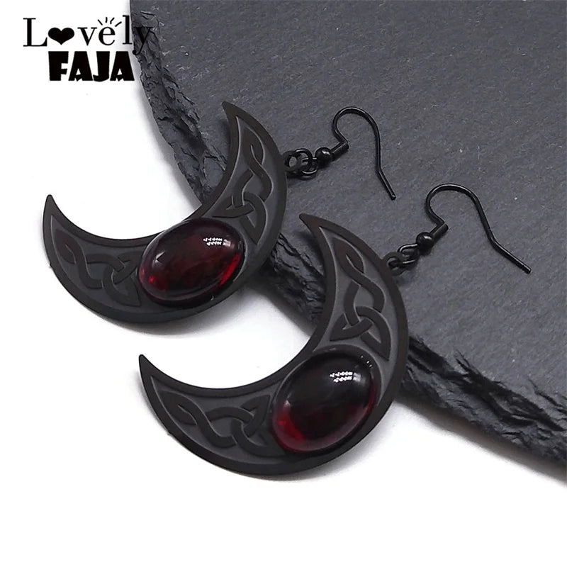 Gothic Dark Celtic Moon Drop Earrings – Stainless Steel with Red Stone, Crescent Wicca Witch Knot Dangle Earrings, Goth Jewelry