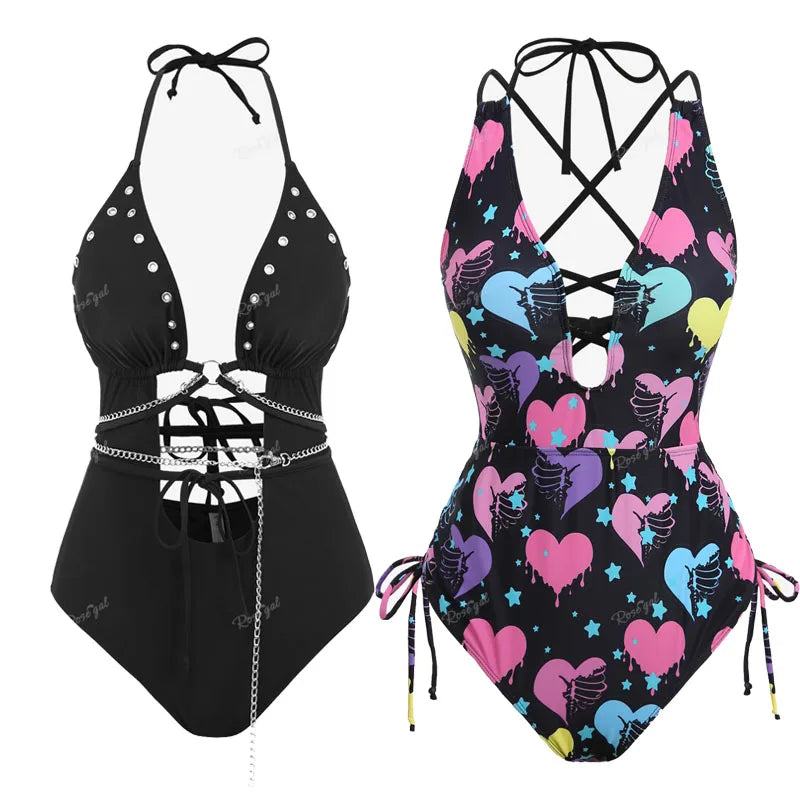 ROSEGAL Plus Size Gothic One-Piece Backless Halter Swimsuit